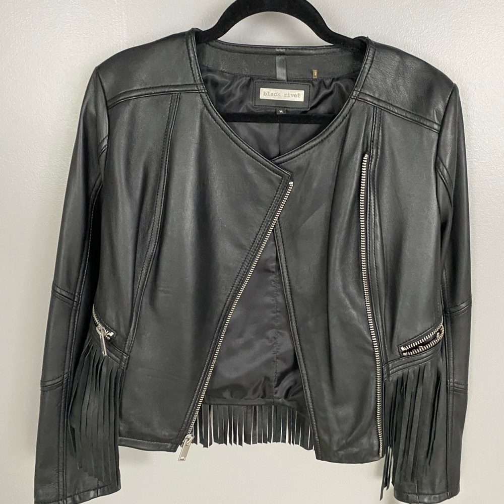 Black Genuine Leather Jacket with Fringe Accents - Picture 3 of 6